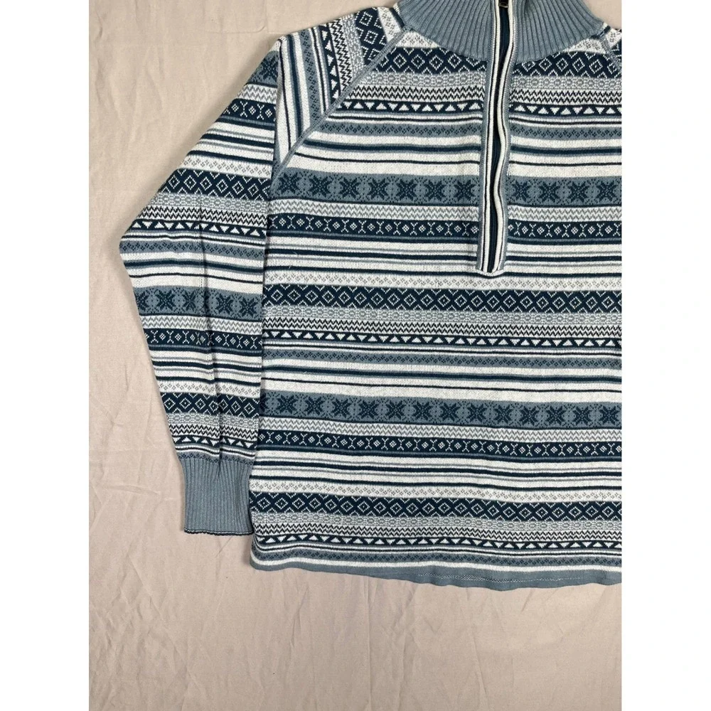 Eddie Bauer Quarter Zip Sweater Mens Medium Blue Nordic Fair Isle Cotton Blend‎